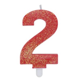 Candelina di cera  8 cm numero 2 di colore rosso   con brillantini incorporati   pz 1