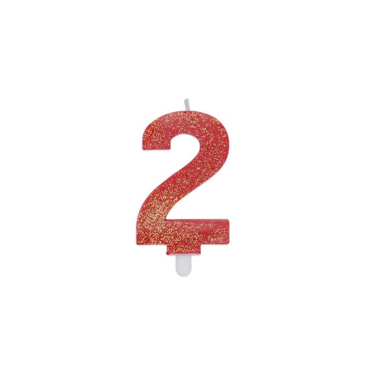 Candelina di cera  8 cm numero 2 di colore rosso   con brillantini incorporati   pz 1