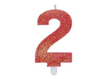 Candelina di cera  8 cm numero 2 di colore rosso   con brillantini incorporati   pz 1
