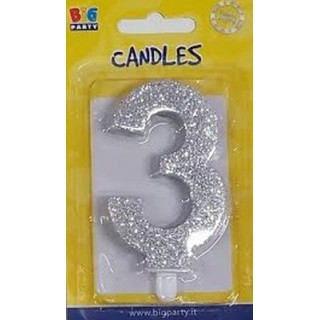 Candelina di cera  8 cm numero 3 di colore argento  con brillantini incorporati   pz 1