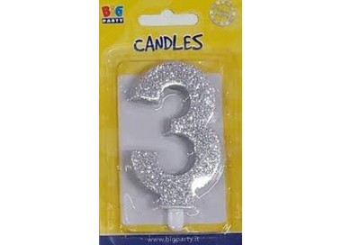 Candelina di cera  8 cm numero 3 di colore argento  con brillantini incorporati   pz 1
