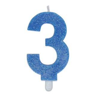 Candelina di cera  8 cm numero 3 di colore celeste   con brillantini incorporati   pz 1
