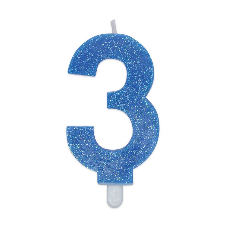 Candelina di cera  8 cm numero 3 di colore celeste   con brillantini incorporati   pz 1