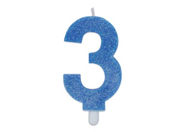 Candelina di cera  8 cm numero 3 di colore celeste   con brillantini incorporati   pz 1