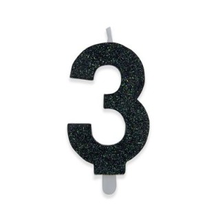 Candelina di cera  8 cm numero 3 di colore Nero  con brillantini incorporati   pz 1