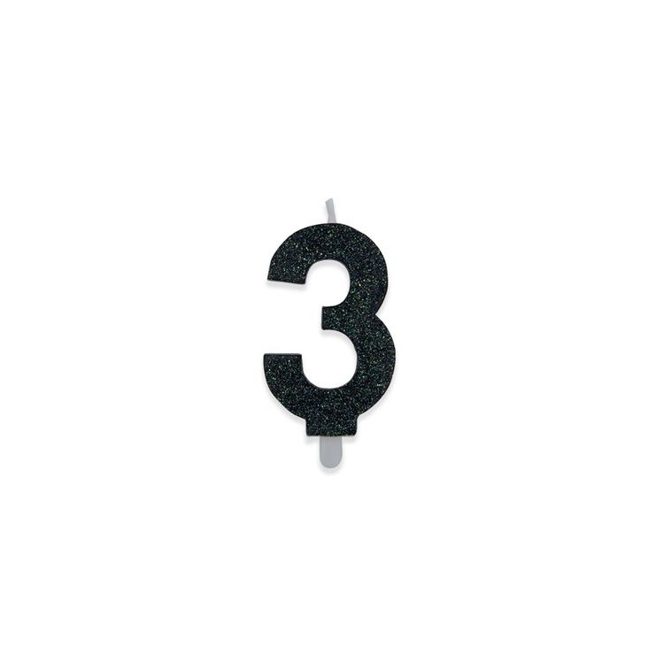 Candelina di cera  8 cm numero 3 di colore Nero  con brillantini incorporati   pz 1