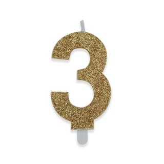 Candelina di cera  8 cm numero 3 di colore Oro  con brillantini incorporati   pz 1