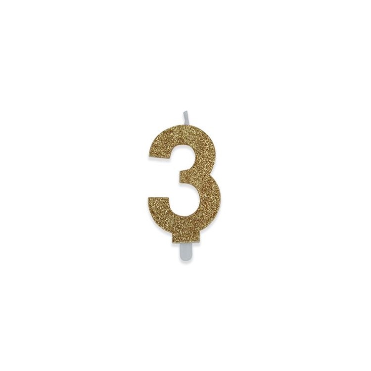 Candelina di cera  8 cm numero 3 di colore Oro  con brillantini incorporati   pz 1
