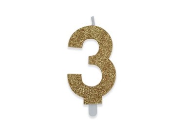 Candelina di cera  8 cm numero 3 di colore Oro  con brillantini incorporati   pz 1