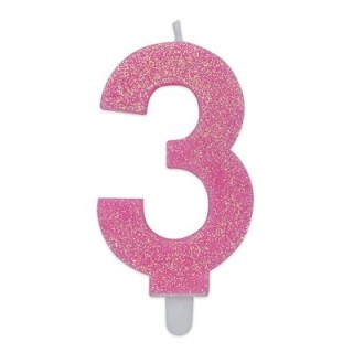 Candelina di cera  8 cm numero 3 di colore rosa   con brillantini incorporati   pz 1