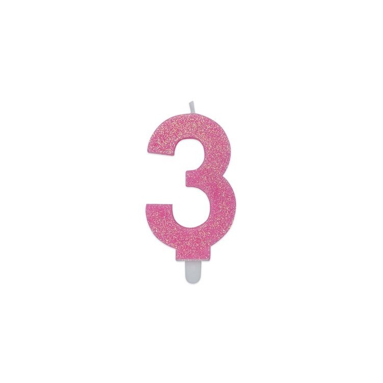 Candelina di cera  8 cm numero 3 di colore rosa   con brillantini incorporati   pz 1