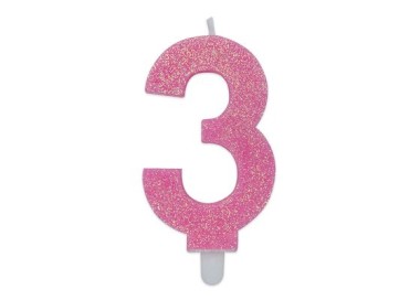 Candelina di cera  8 cm numero 3 di colore rosa   con brillantini incorporati   pz 1