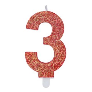 Candelina di cera  8 cm numero 3 di colore rosso   con brillantini incorporati   pz 1
