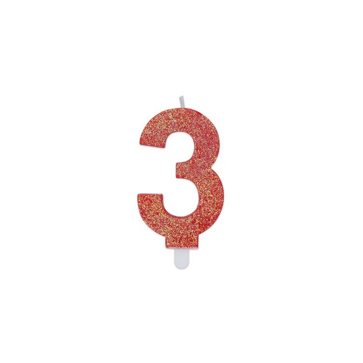 Candelina di cera  8 cm numero 3 di colore rosso   con brillantini incorporati   pz 1