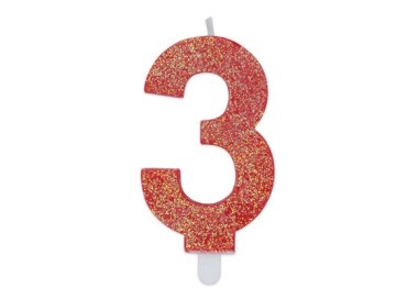 Candelina di cera  8 cm numero 3 di colore rosso   con brillantini incorporati   pz 1