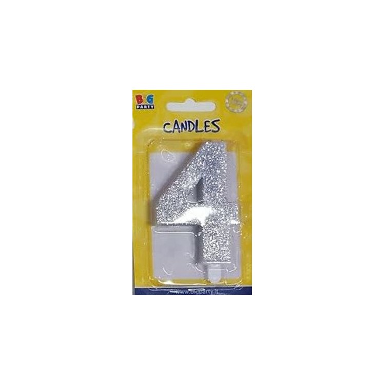 Candelina di cera  8 cm numero 4 di colore argento  con brillantini incorporati   pz 1