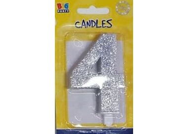 Candelina di cera  8 cm numero 4 di colore argento  con brillantini incorporati   pz 1