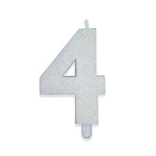 Candelina di cera  8 cm numero 4 di colore Bianco  con brillantini incorporati   pz 1