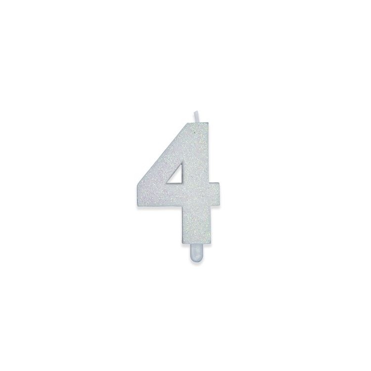 Candelina di cera  8 cm numero 4 di colore Bianco  con brillantini incorporati   pz 1
