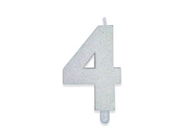 Candelina di cera  8 cm numero 4 di colore Bianco  con brillantini incorporati   pz 1
