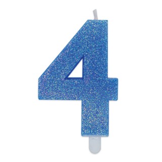 Candelina di cera  8 cm numero 4 di colore celeste   con brillantini incorporati   pz 1