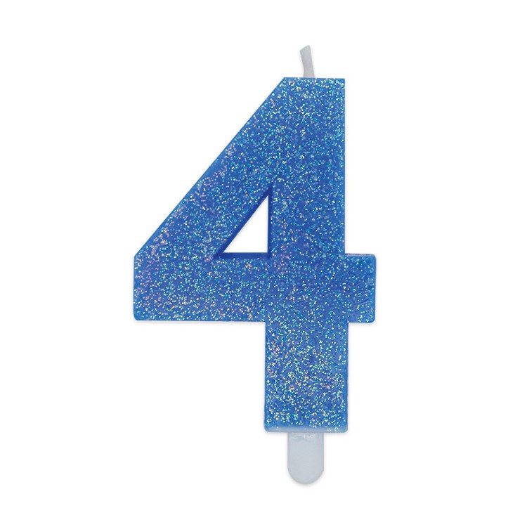 Candelina di cera  8 cm numero 4 di colore celeste   con brillantini incorporati   pz 1