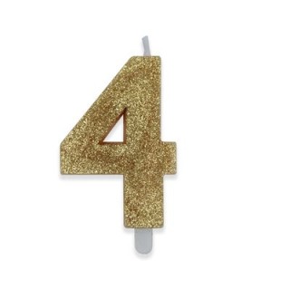 Candelina di cera  8 cm numero 4 di colore Oro  con brillantini incorporati   pz 1