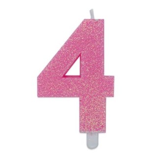 Candelina di cera  8 cm numero 4 di colore rosa   con brillantini incorporati   pz 1