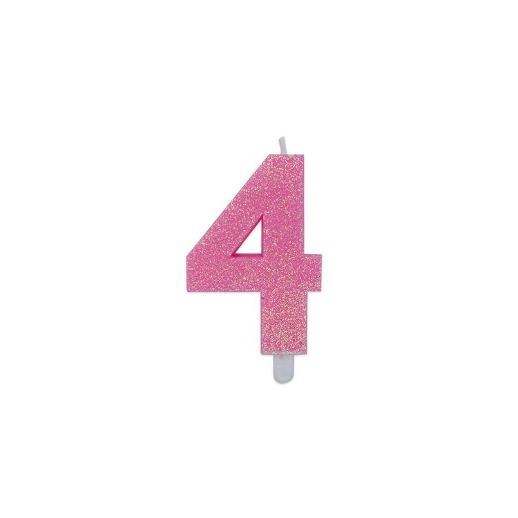 Candelina di cera  8 cm numero 4 di colore rosa   con brillantini incorporati   pz 1