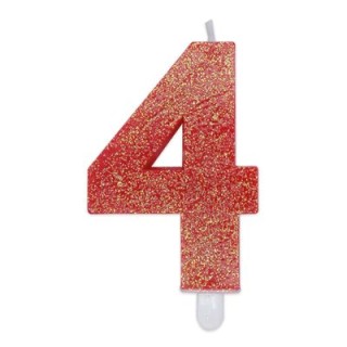 Candelina di cera  8 cm numero 4 di colore rosso   con brillantini incorporati   pz 1
