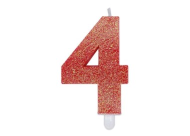 Candelina di cera  8 cm numero 4 di colore rosso   con brillantini incorporati   pz 1
