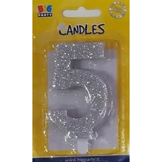Candelina di cera  8 cm numero 5 di colore argento  con brillantini incorporati   pz 1