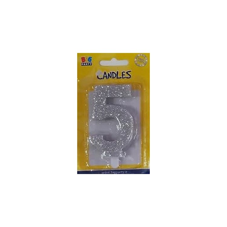 Candelina di cera  8 cm numero 5 di colore argento  con brillantini incorporati   pz 1