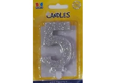 Candelina di cera  8 cm numero 5 di colore argento  con brillantini incorporati   pz 1