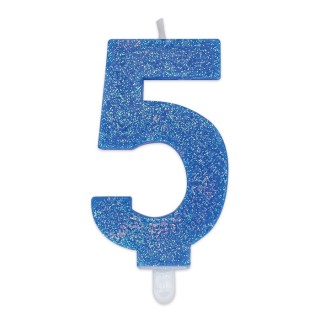 Candelina di cera  8 cm numero 5 di colore celeste   con brillantini incorporati   pz 1