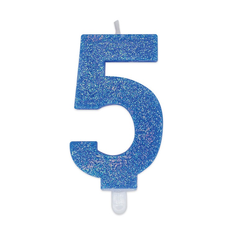 Candelina di cera  8 cm numero 5 di colore celeste   con brillantini incorporati   pz 1