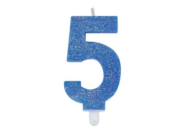 Candelina di cera  8 cm numero 5 di colore celeste   con brillantini incorporati   pz 1