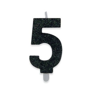 Candelina di cera  8 cm numero 5 di colore Nero  con brillantini incorporati   pz 1