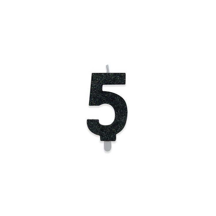 Candelina di cera  8 cm numero 5 di colore Nero  con brillantini incorporati   pz 1