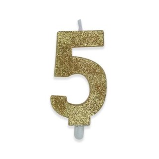 Candelina di cera  8 cm numero 5 di colore Oro  con brillantini incorporati   pz 1