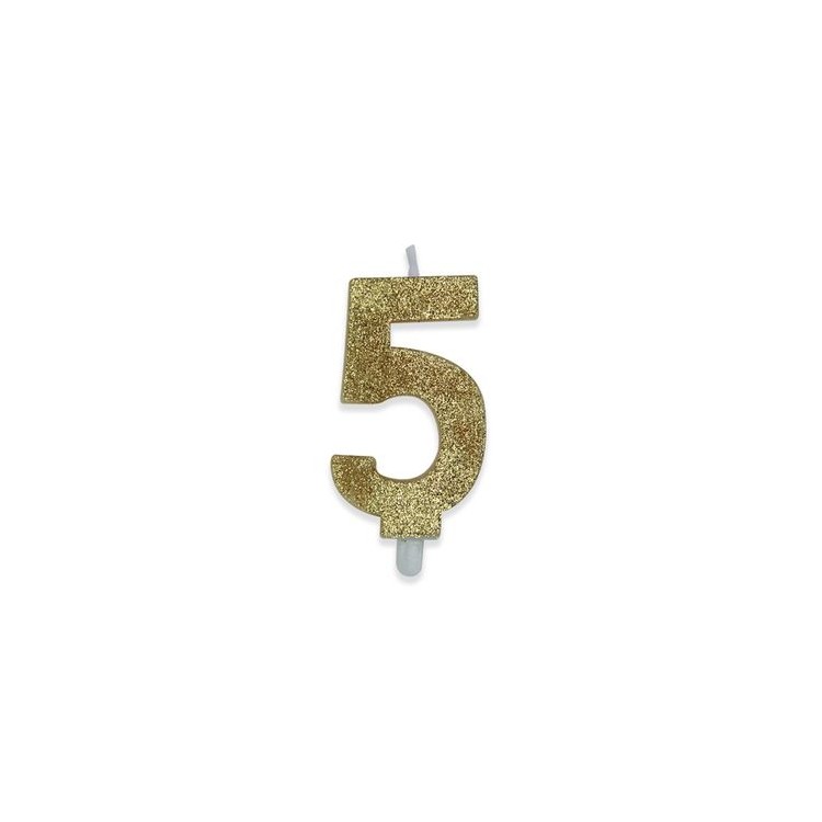 Candelina di cera  8 cm numero 5 di colore Oro  con brillantini incorporati   pz 1