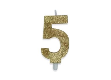 Candelina di cera  8 cm numero 5 di colore Oro  con brillantini incorporati   pz 1