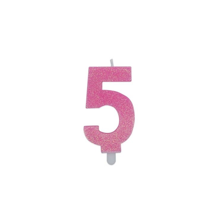 Candelina di cera  8 cm numero 5 di colore rosa   con brillantini incorporati   pz 1