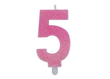 Candelina di cera  8 cm numero 5 di colore rosa   con brillantini incorporati   pz 1