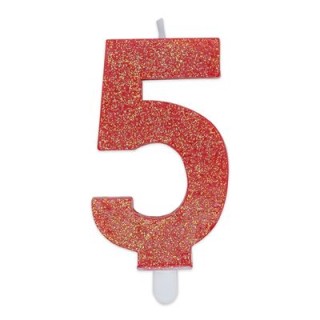 Candelina di cera  8 cm numero 5 di colore rosso   con brillantini incorporati   pz 1