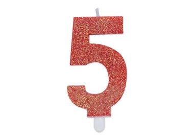 Candelina di cera  8 cm numero 5 di colore rosso   con brillantini incorporati   pz 1