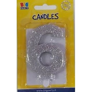 Candelina di cera  8 cm numero 6 di colore argento  con brillantini incorporati   pz 1