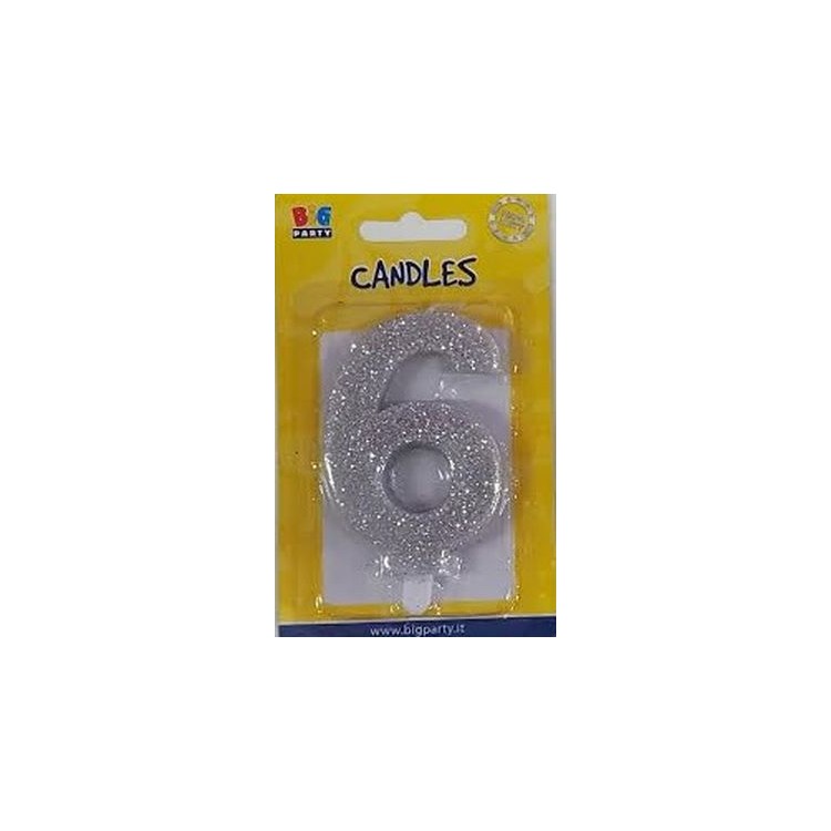 Candelina di cera  8 cm numero 6 di colore argento  con brillantini incorporati   pz 1