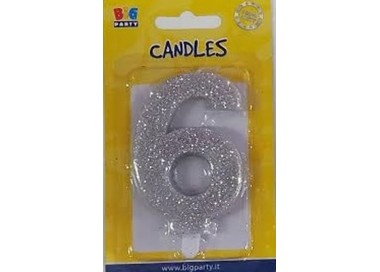 Candelina di cera  8 cm numero 6 di colore argento  con brillantini incorporati   pz 1