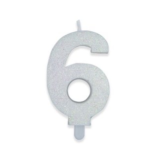 Candelina di cera  8 cm numero 6 di colore Bianco  con brillantini incorporati   pz 1